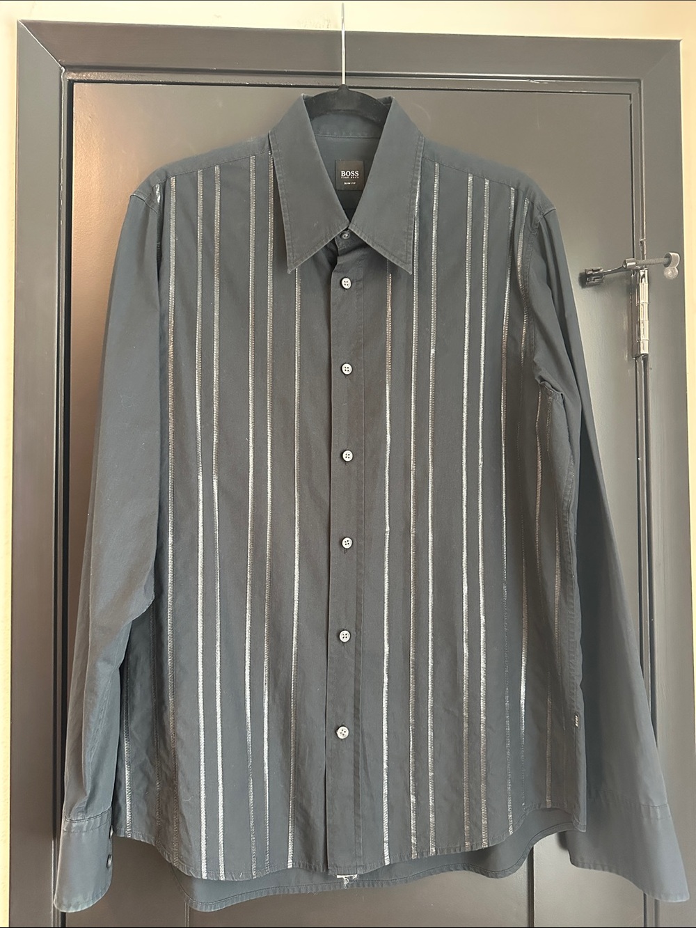 BOSS Black Dress Shirt with Silver Vertical Stripes